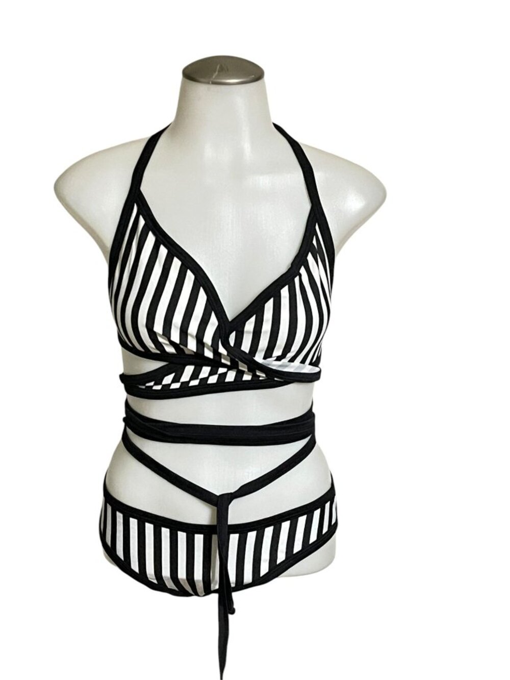 Striped Black & White Wrap Bikini Set Espiral Lingerie XL 92% Polyester 8% Spand